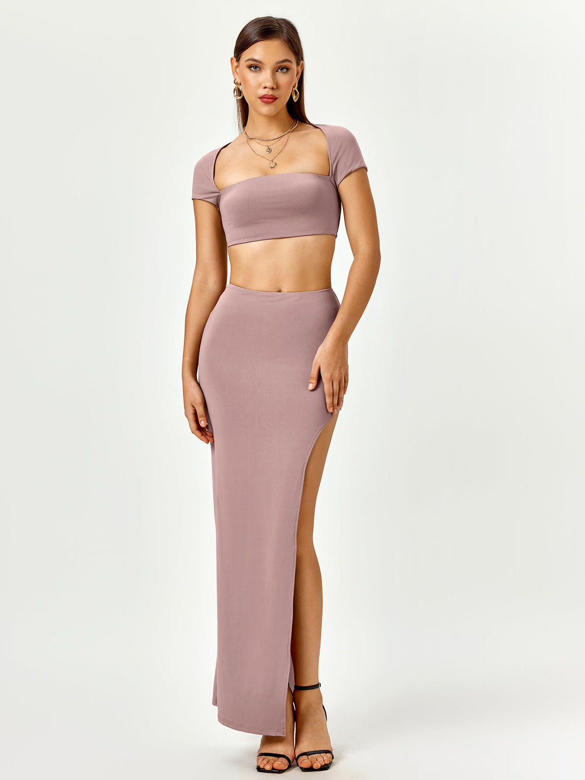 Split Crop Top String Tie Back Cut Out Crop Top&Split Thigh Bodycon Skirt – Ooins