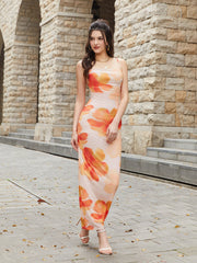Tie Back Ruched Floral Print Mesh Cami Dress