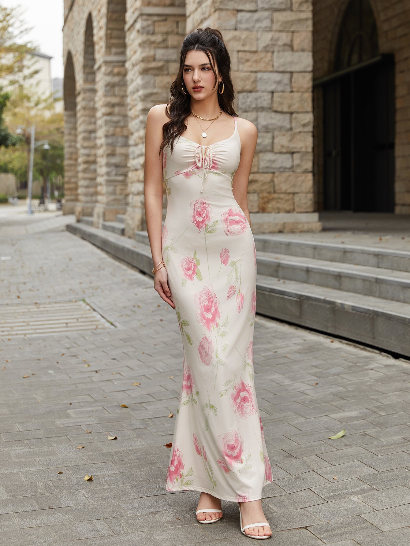 Tie Front Floral Print Bodycon Cami Dress