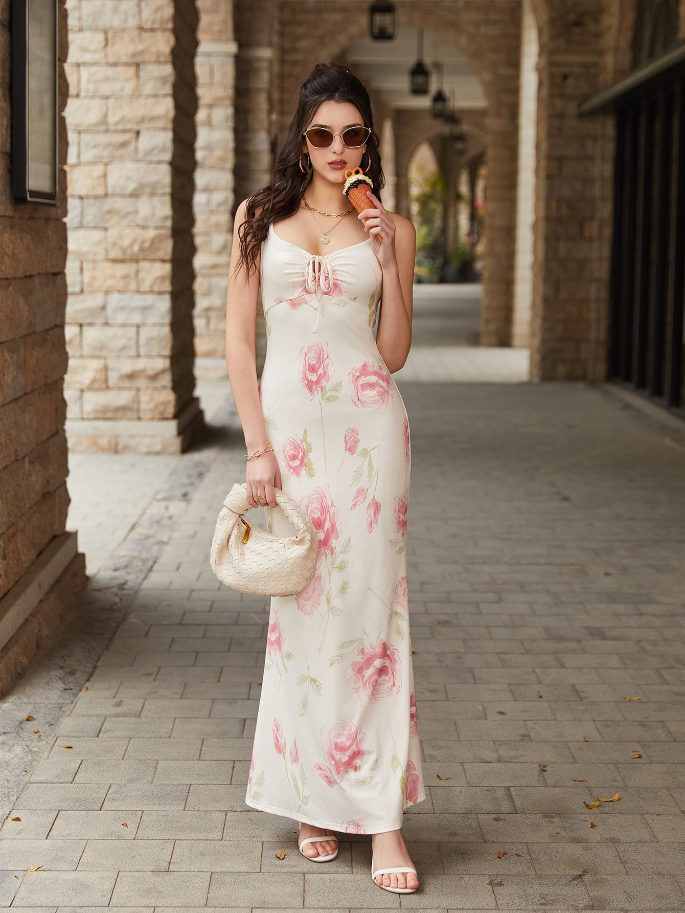 Tie Front Floral Print Bodycon Cami Dress