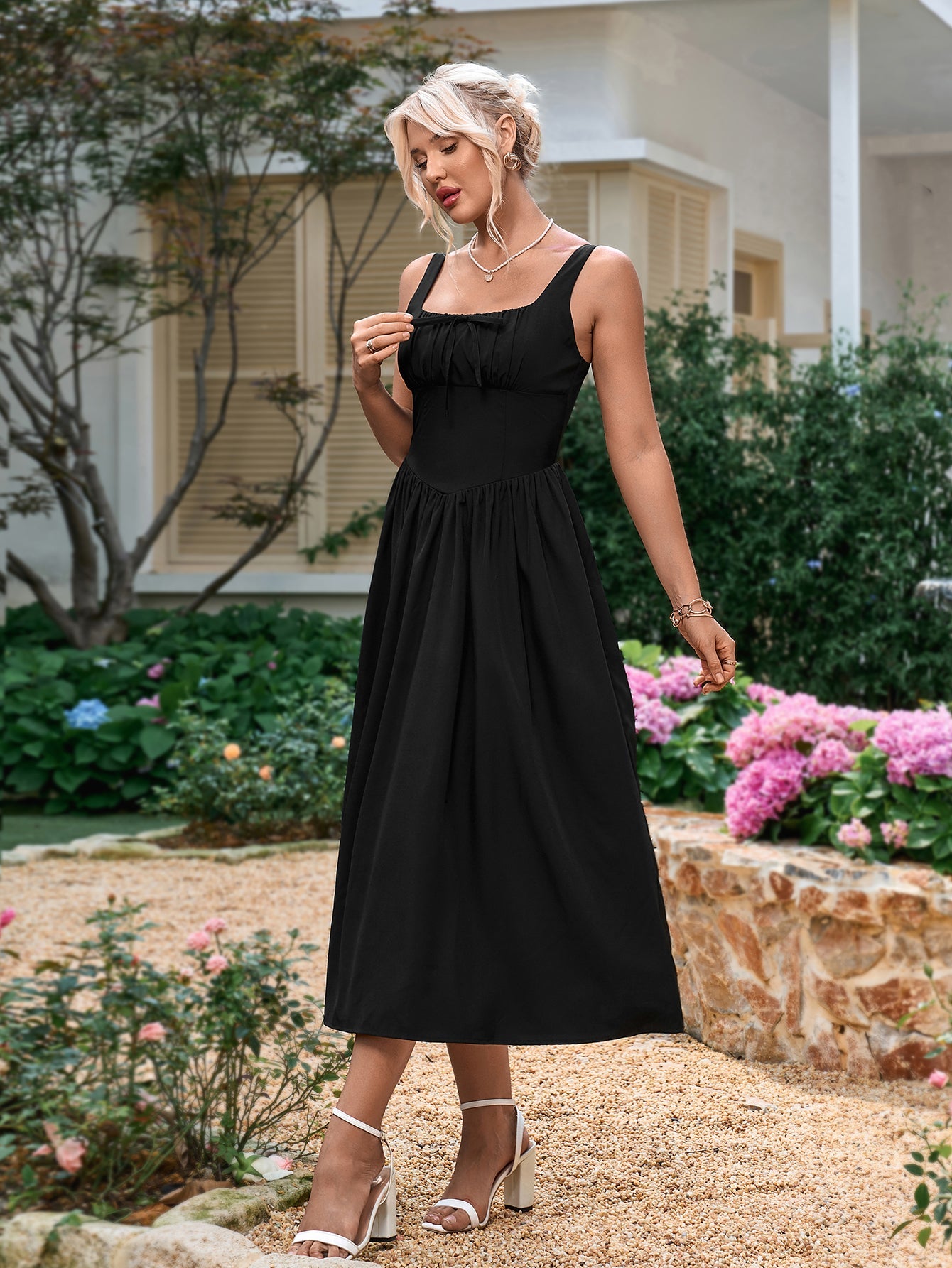 Tie Front Square Neck Shirred Ruched Sundress