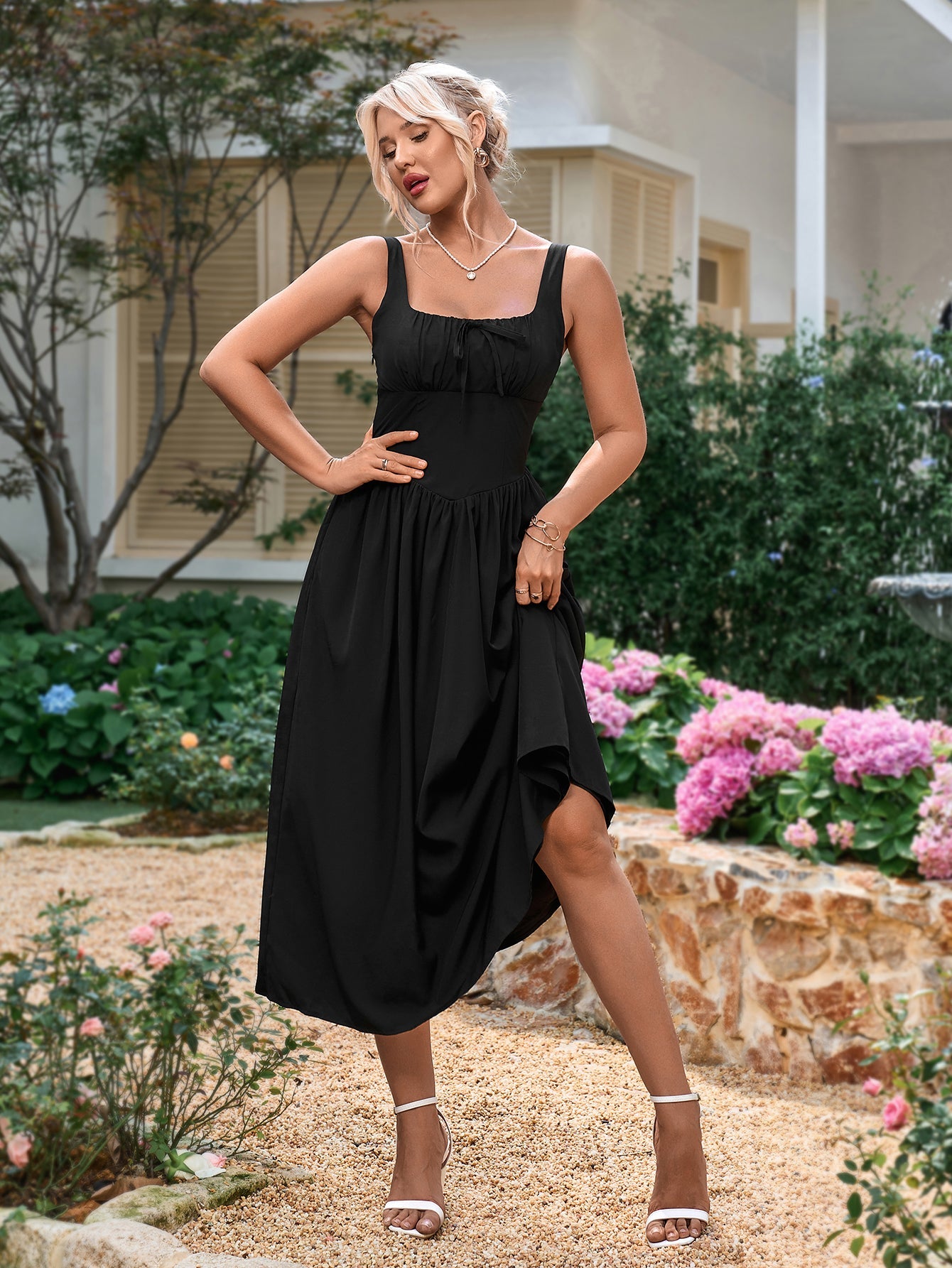 Tie Front Square Neck Shirred Ruched Sundress