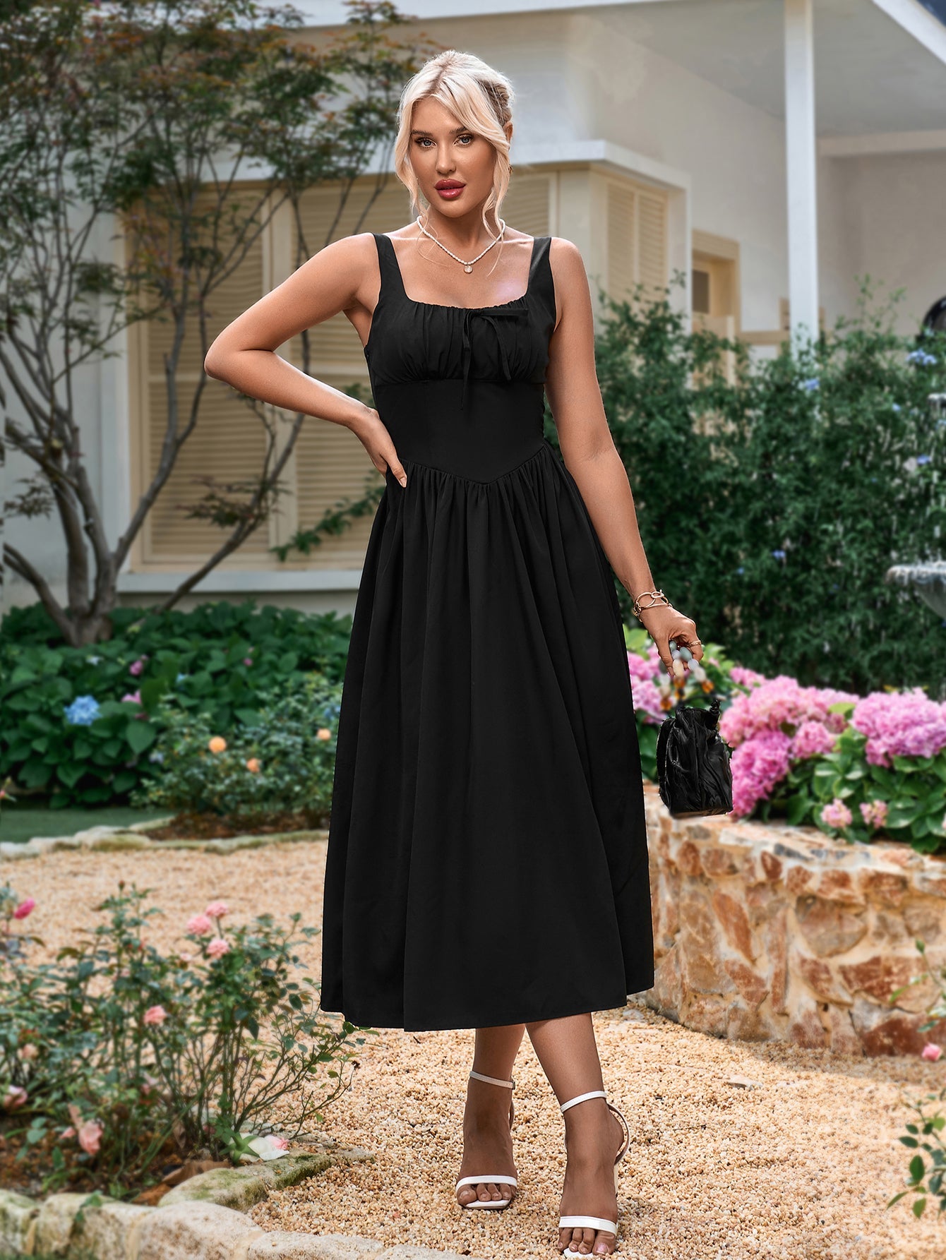 Tie Front Square Neck Shirred Ruched Sundress