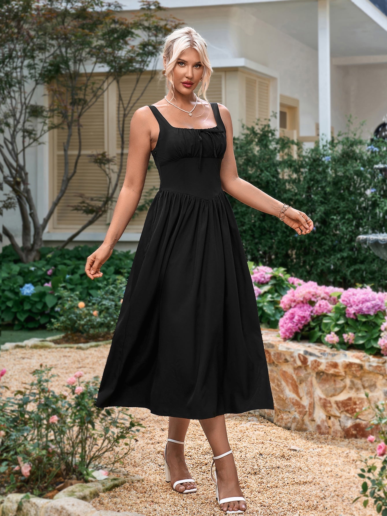 Tie Front Square Neck Shirred Ruched Sundress