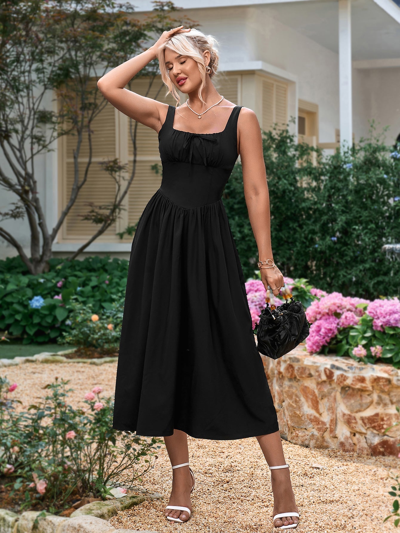 Tie Front Square Neck Shirred Ruched Sundress