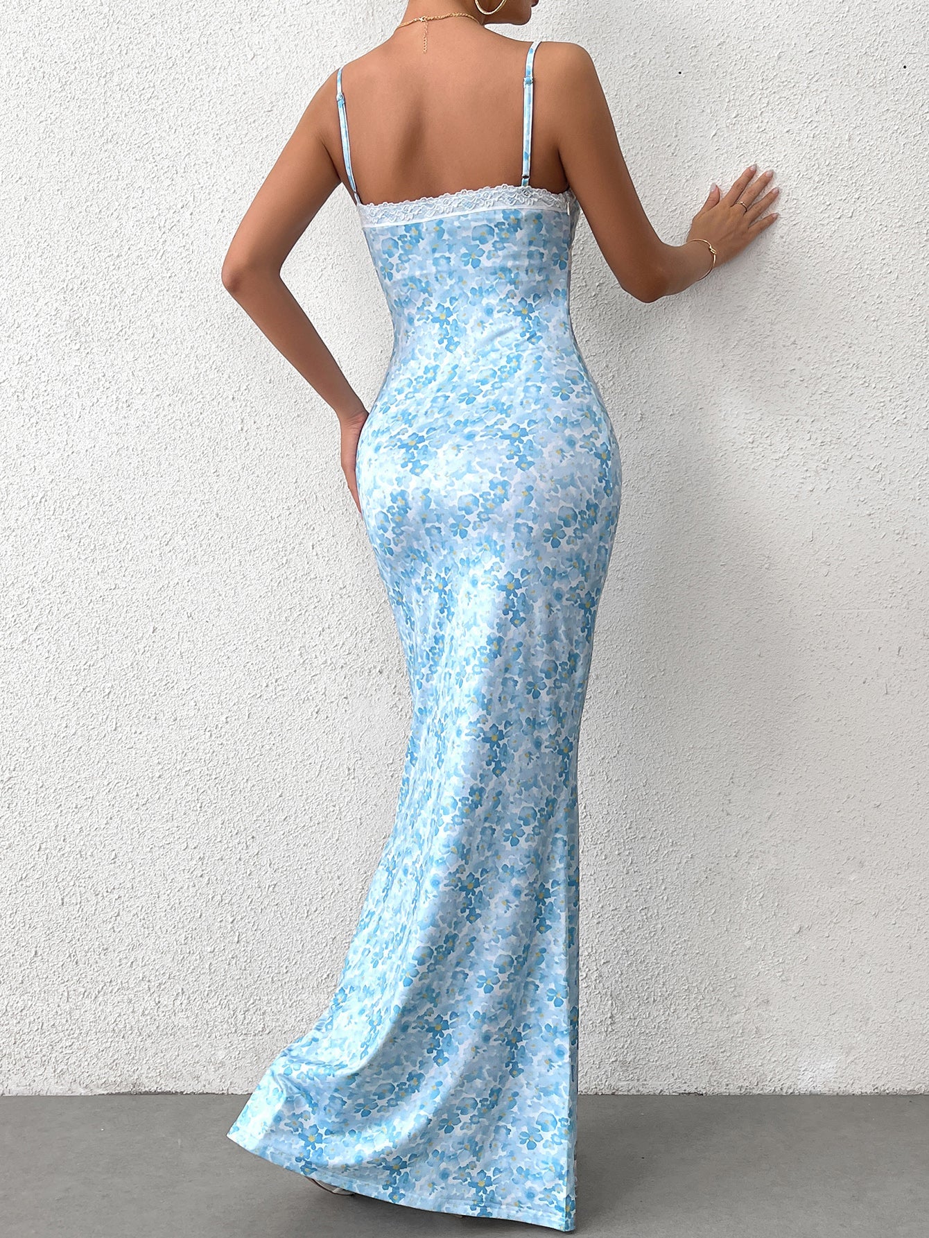 Tie Front V-Neck Lace Spliced Floral Print Mermaid Dress