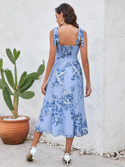 Tie Shoulder Backless Floral Print Slit Hem Dress