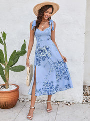Tie Shoulder Backless Floral Print Slit Hem Dress