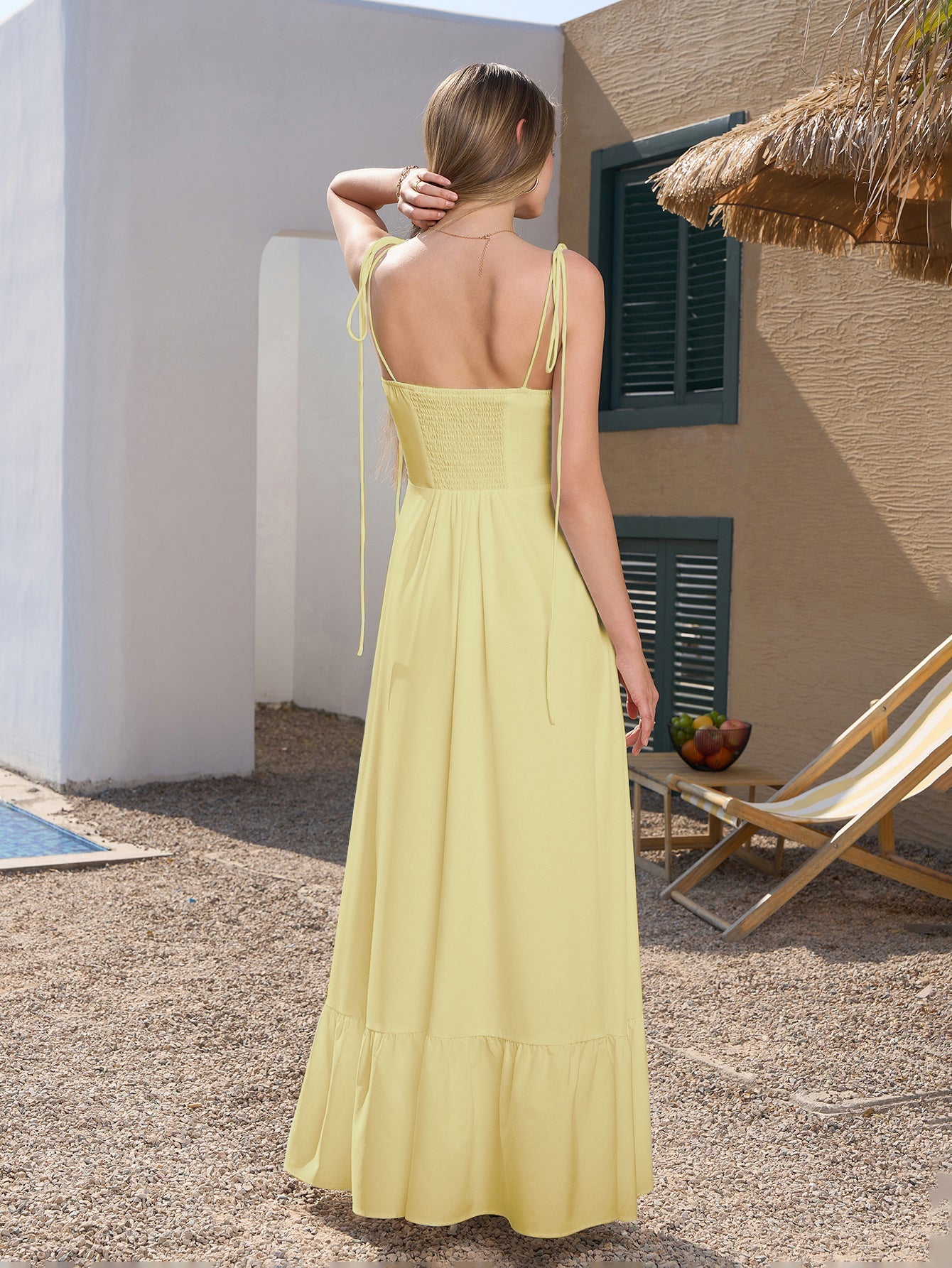 Tie Shoulder Ruched Bust Maxi Solid Dress