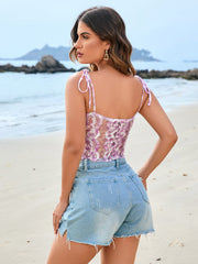 Tie Shoulder V-Neck Lace Perspective Top