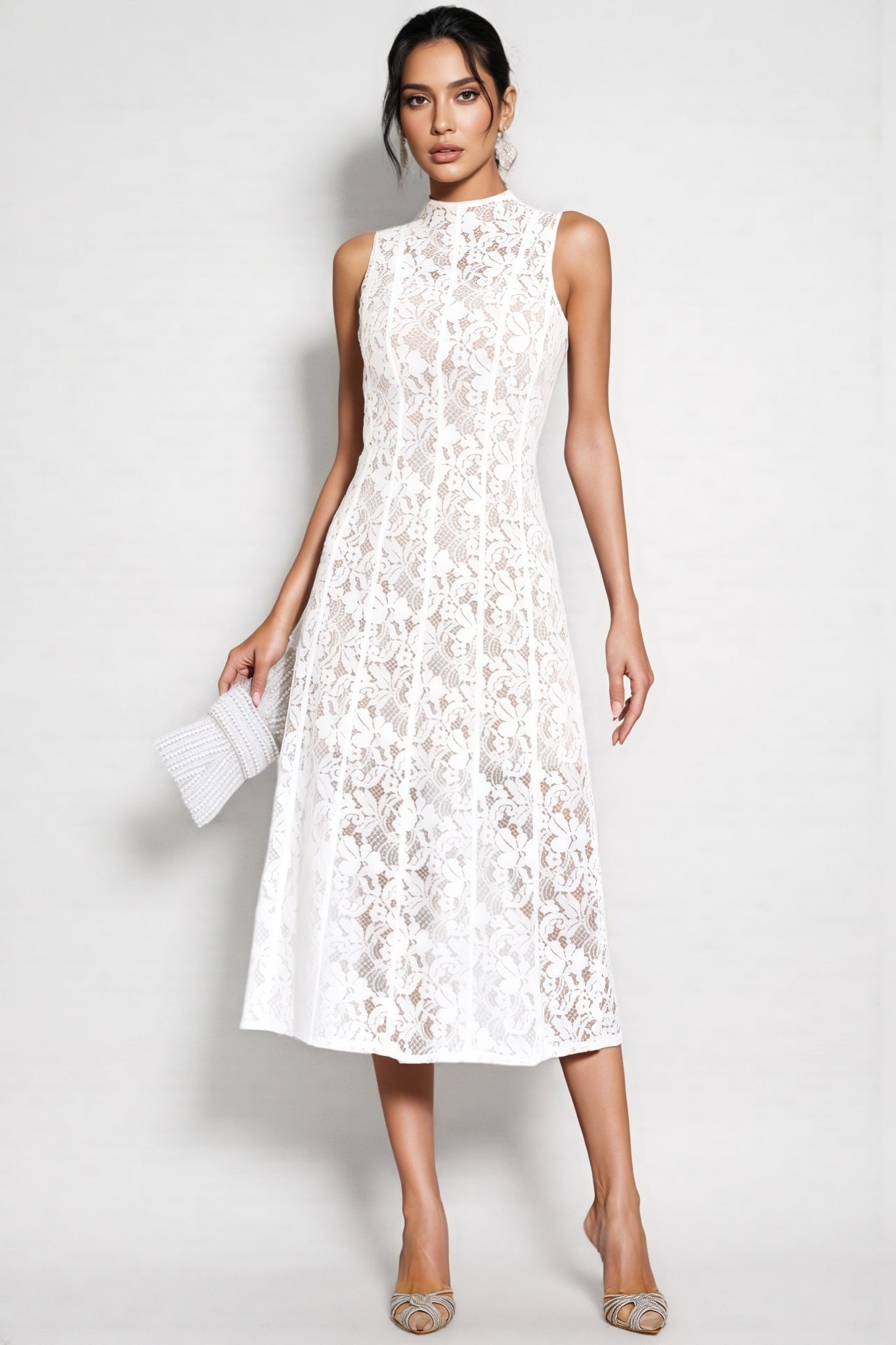 Thoref White Cut Out Sleeveless Midi Dress