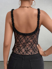 Trim Straps Tie Front Backless Lace Top