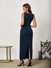 V-Neck Button Placket Back Split Bodycon Dress