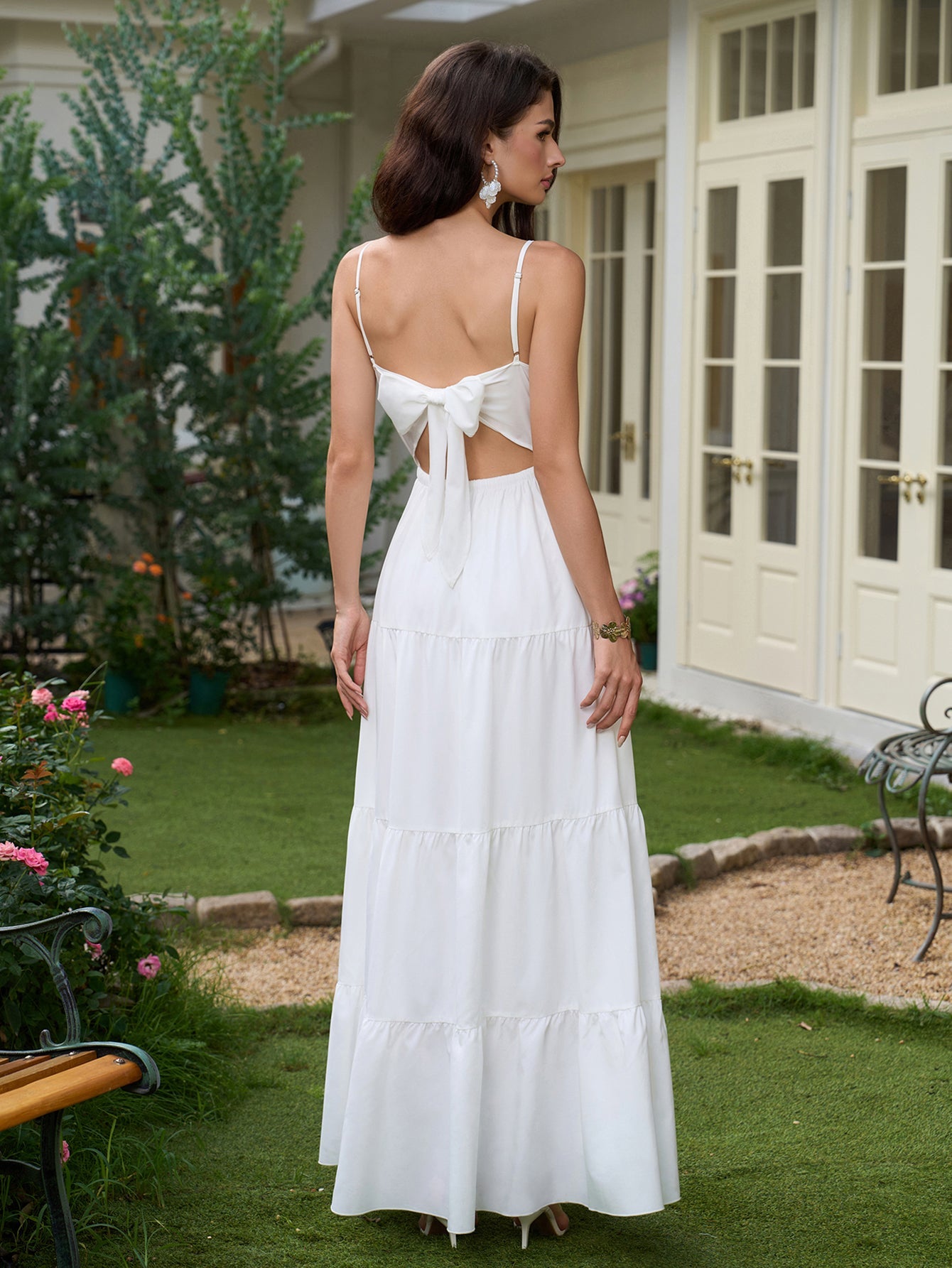 V-Neck Cut Out Bow Tie Back Cami Long Dress