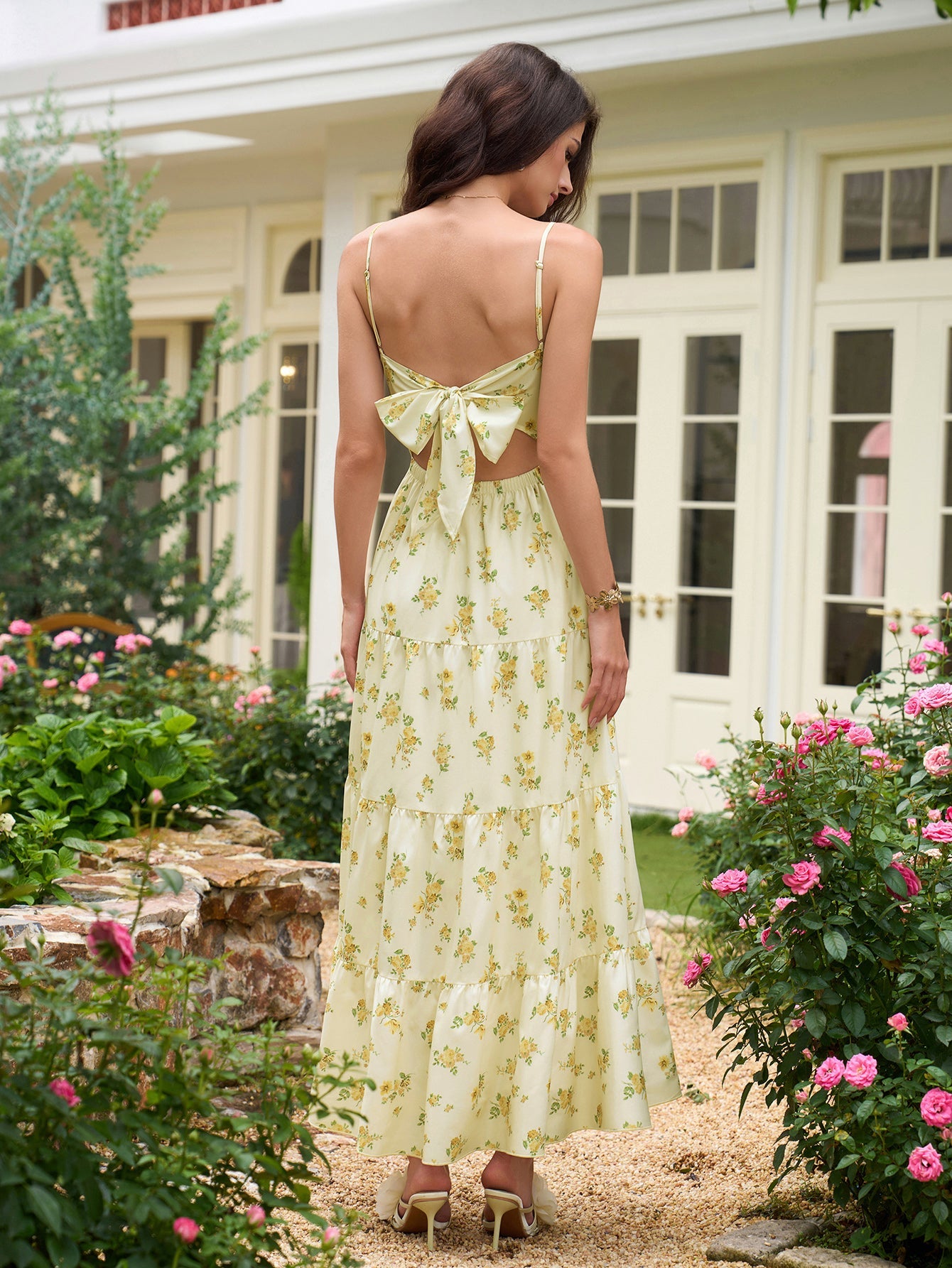 V-Neck Cut Out Bow Tie Back Cami Long Dress
