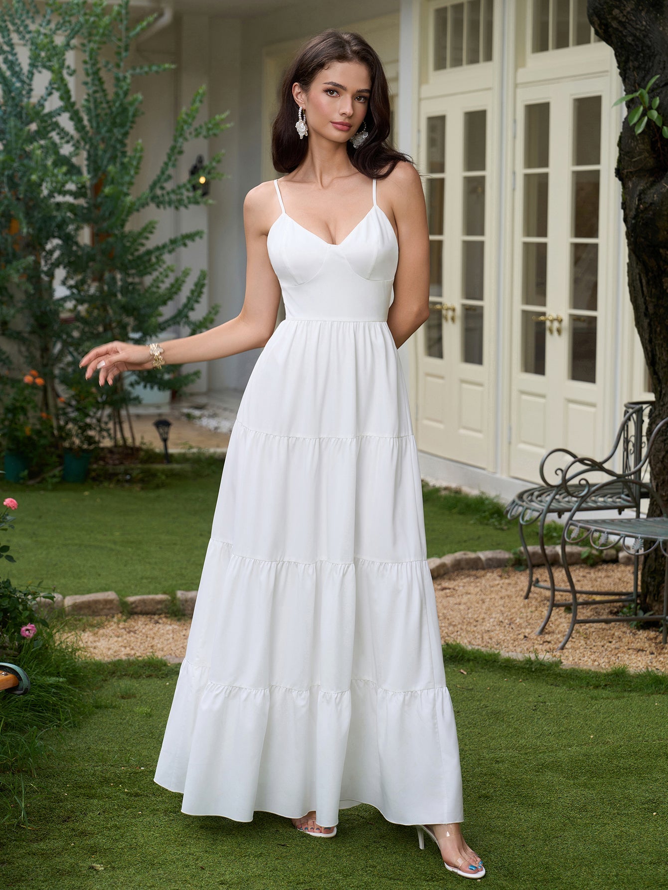 V-Neck Cut Out Bow Tie Back Cami Long Dress