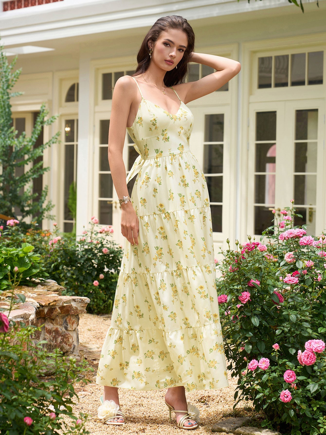 V-Neck Cut Out Bow Tie Back Cami Long Dress