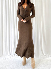 V-Neck Ruched Twist Bodycon Knitted Dress