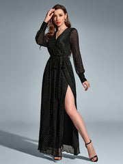 V-Neck Side Split Tie Round Dot Ruched Maxi Dress