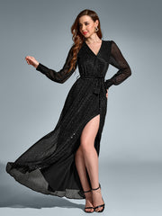 V-Neck Side Split Tie Round Dot Ruched Maxi Dress