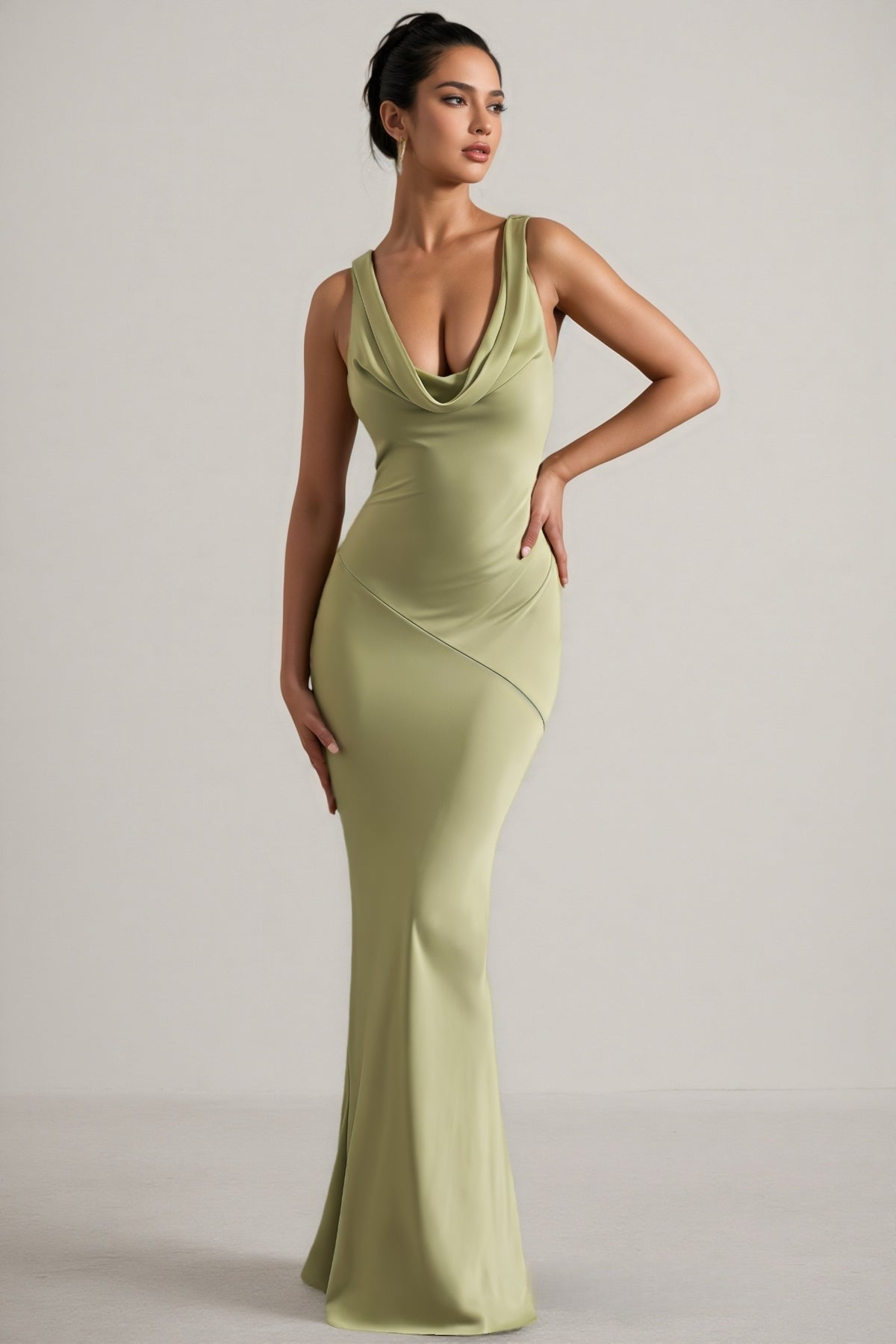 Kovty Light Olive Satin Cowl-Neck Maxi Dress