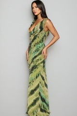Erika Green Print Deep V Backless Maxi Dress