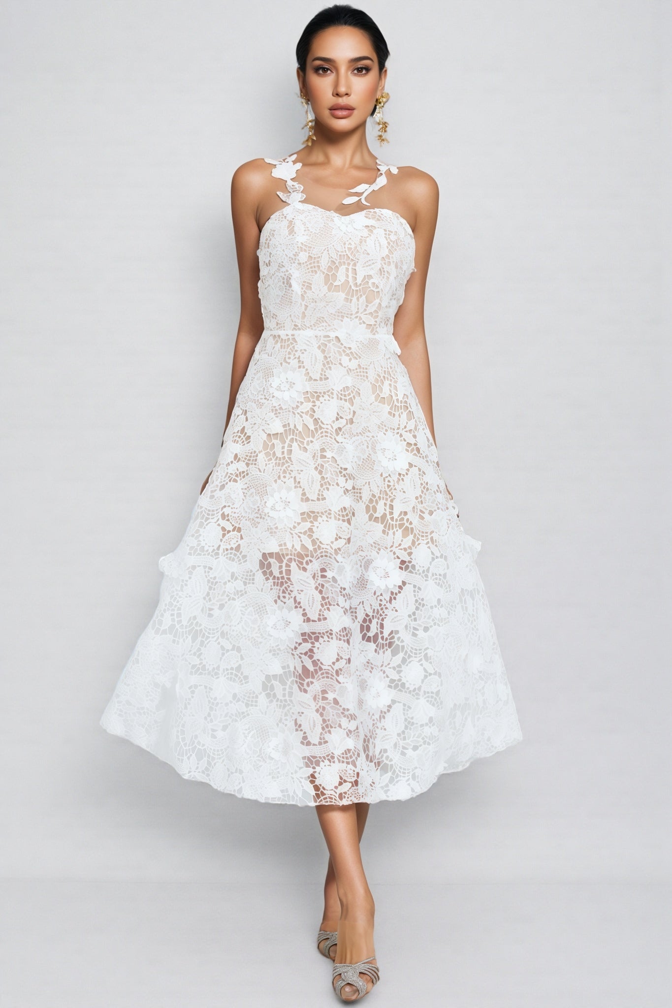 Malachi White Lace Illusion Midi Dress