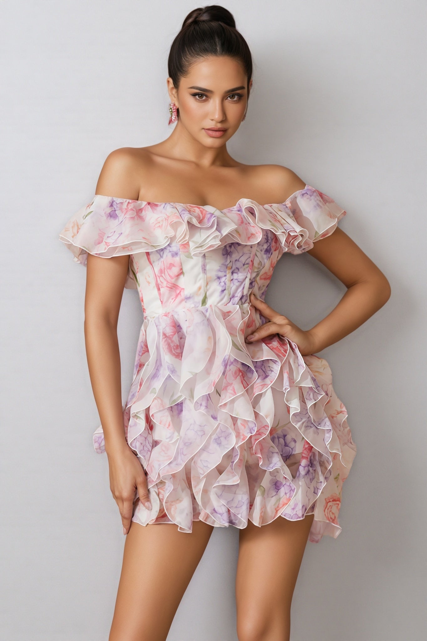 Naiya Off Shoulder Floral Ruffle Mini Dress