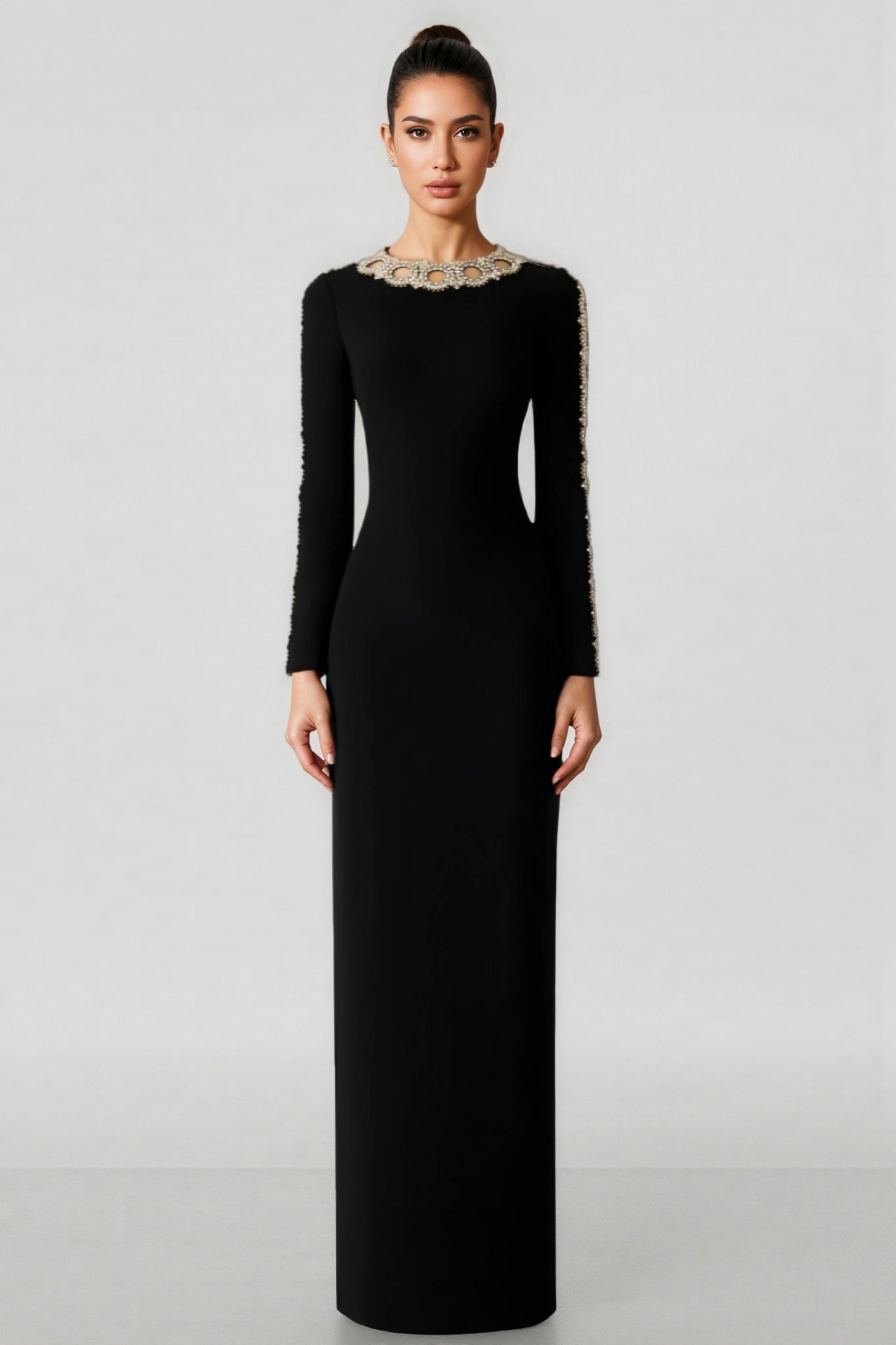 Eiratk Black Openwork Beaded Maxi Dress