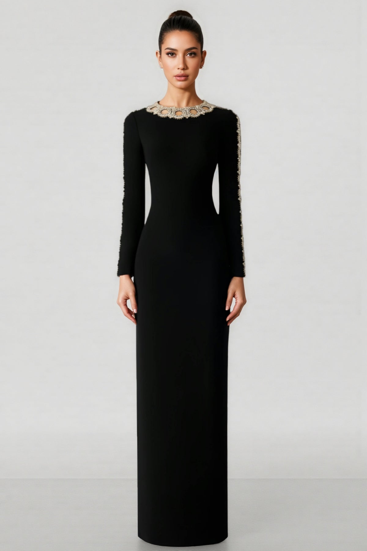 Eiratk Black Openwork Beaded Maxi Dress