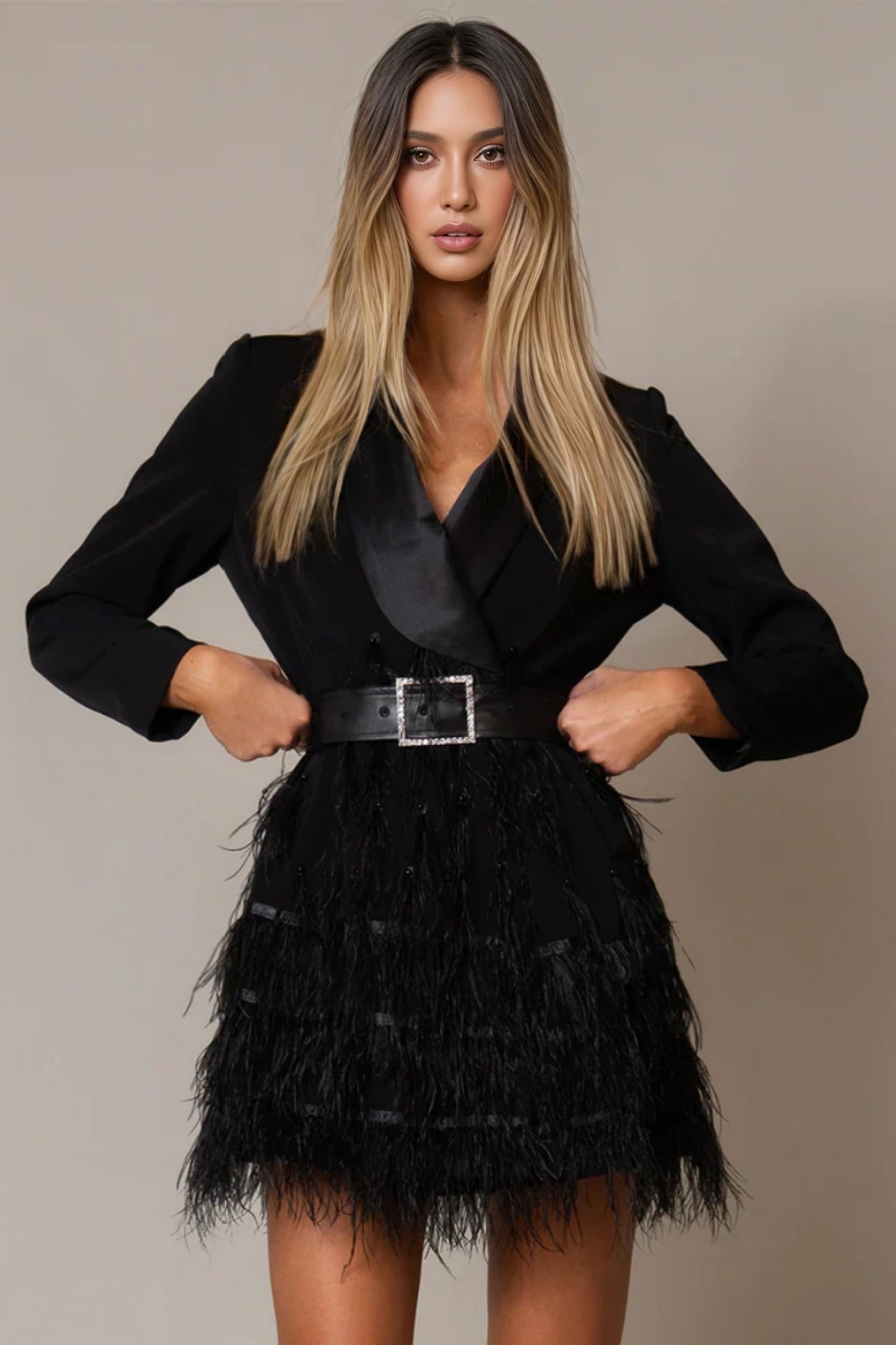 Teresa V-Neck Beaded Feather Patchwork Mini Dress