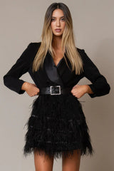 Teresa V-Neck Beaded Feather Patchwork Mini Dress