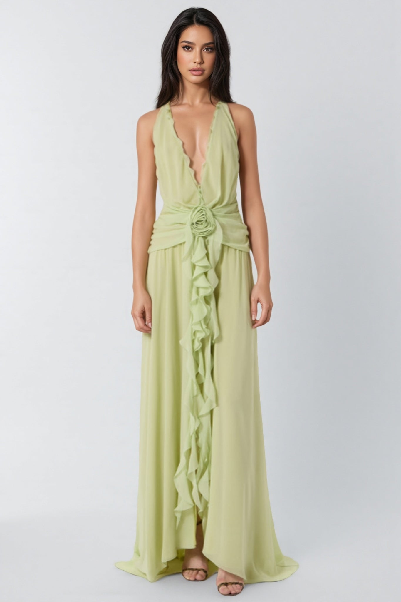 Xavif Green 3D Flower Ruffled Maxi Dress