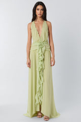 Xavif Green 3D Flower Ruffled Maxi Dress