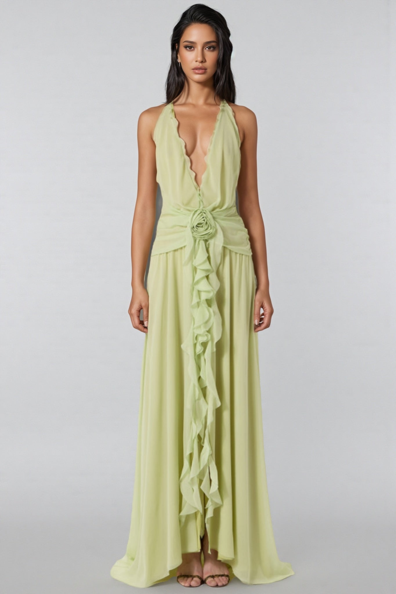 Xavif Green 3D Flower Ruffled Maxi Dress