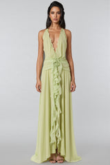 Xavif Green 3D Flower Ruffled Maxi Dress