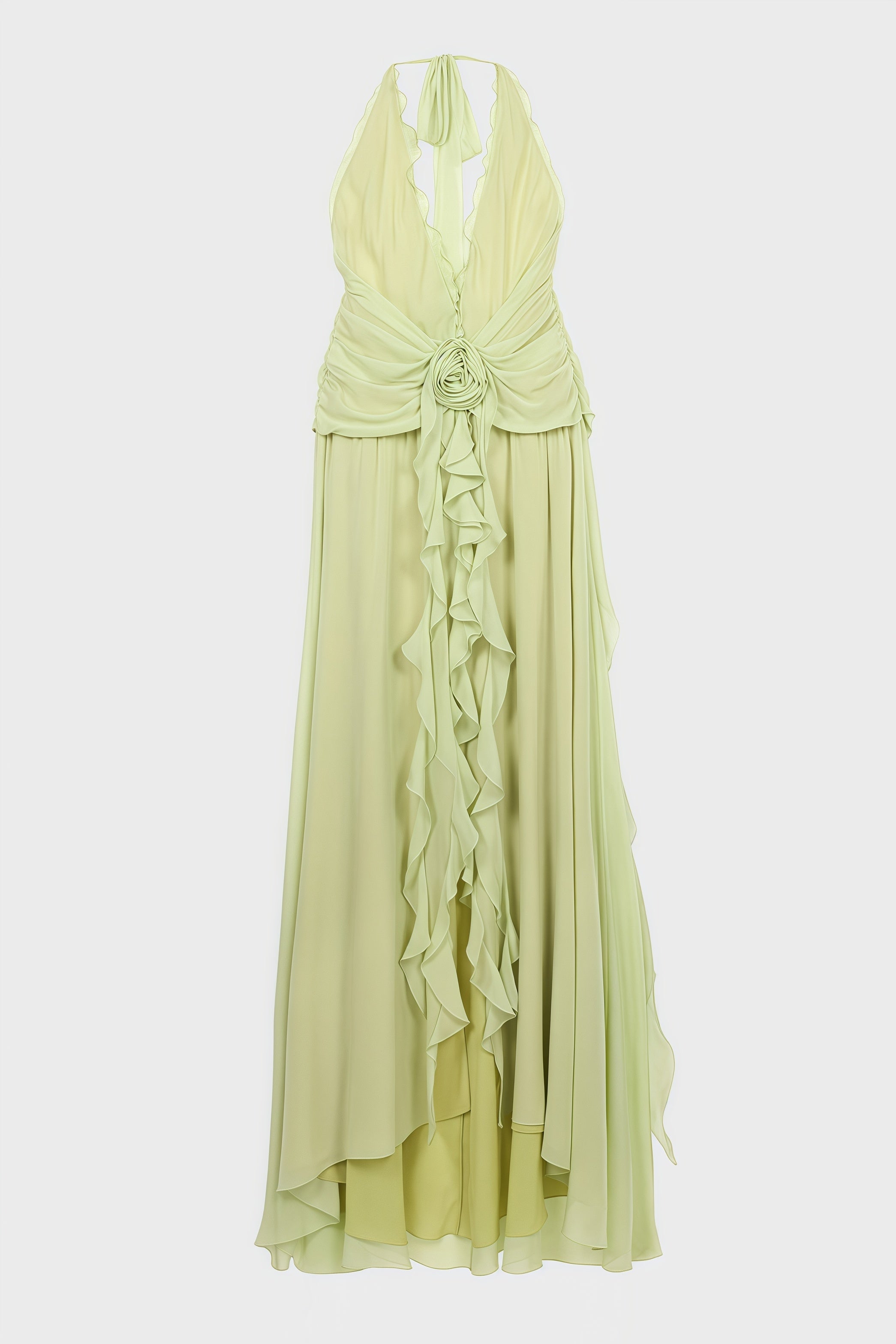 Xavif Green 3D Flower Ruffled Maxi Dress