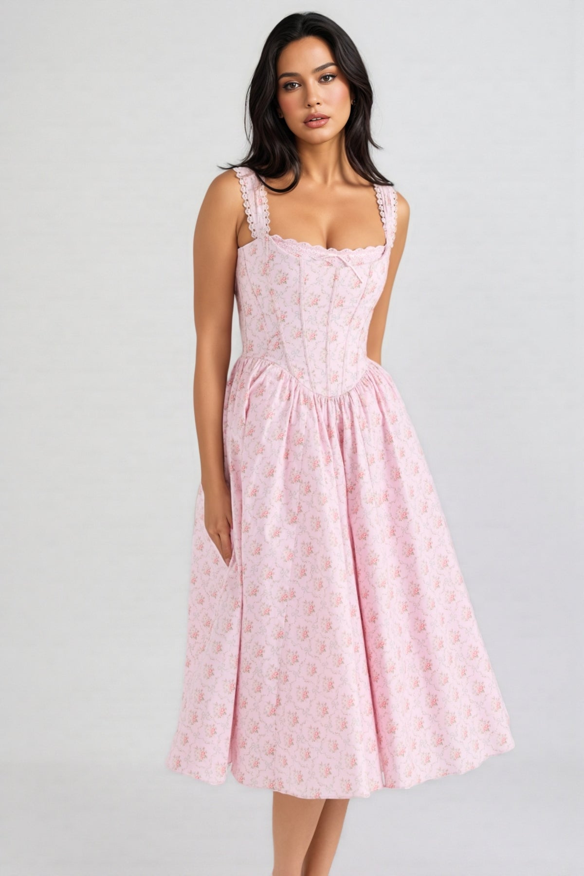 Arwent Pink Rose Print Stretch Cotton Midi Dress