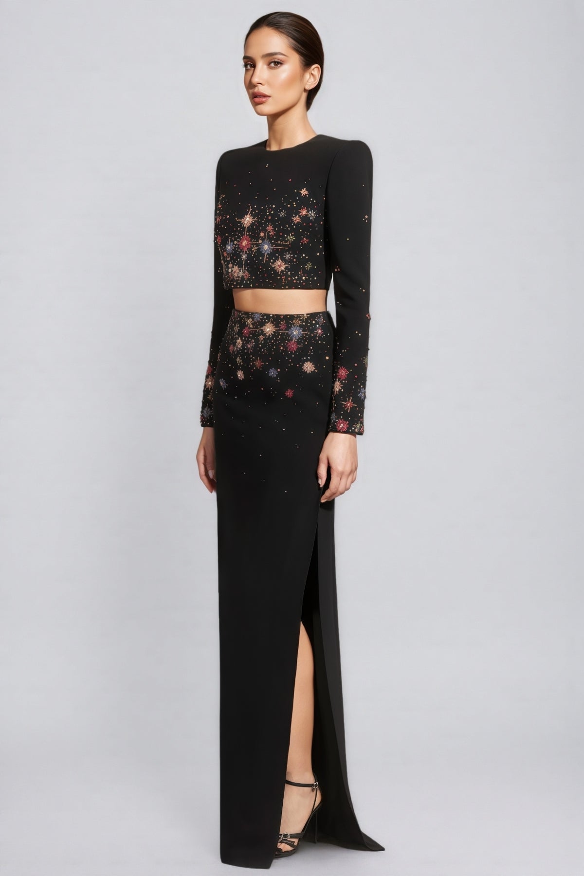 Keirt Black Rhinestone Stud Maxi Dress Set
