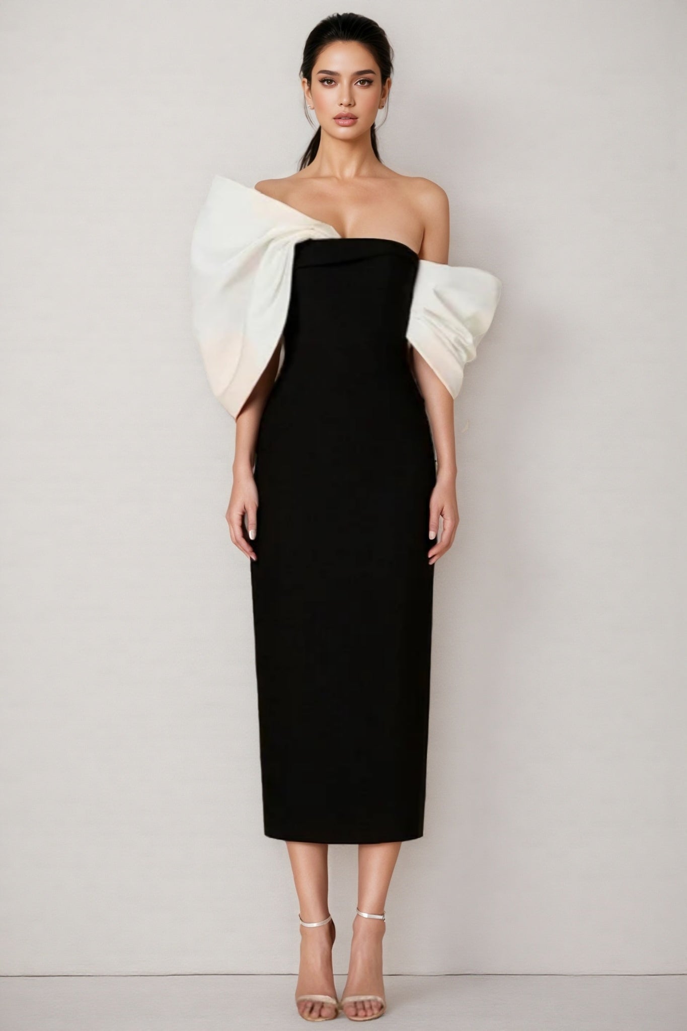 Delilah Bow Off-Shoulder Asymmetrical Midi Dress