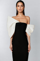 Delilah Bow Off-Shoulder Asymmetrical Midi Dress