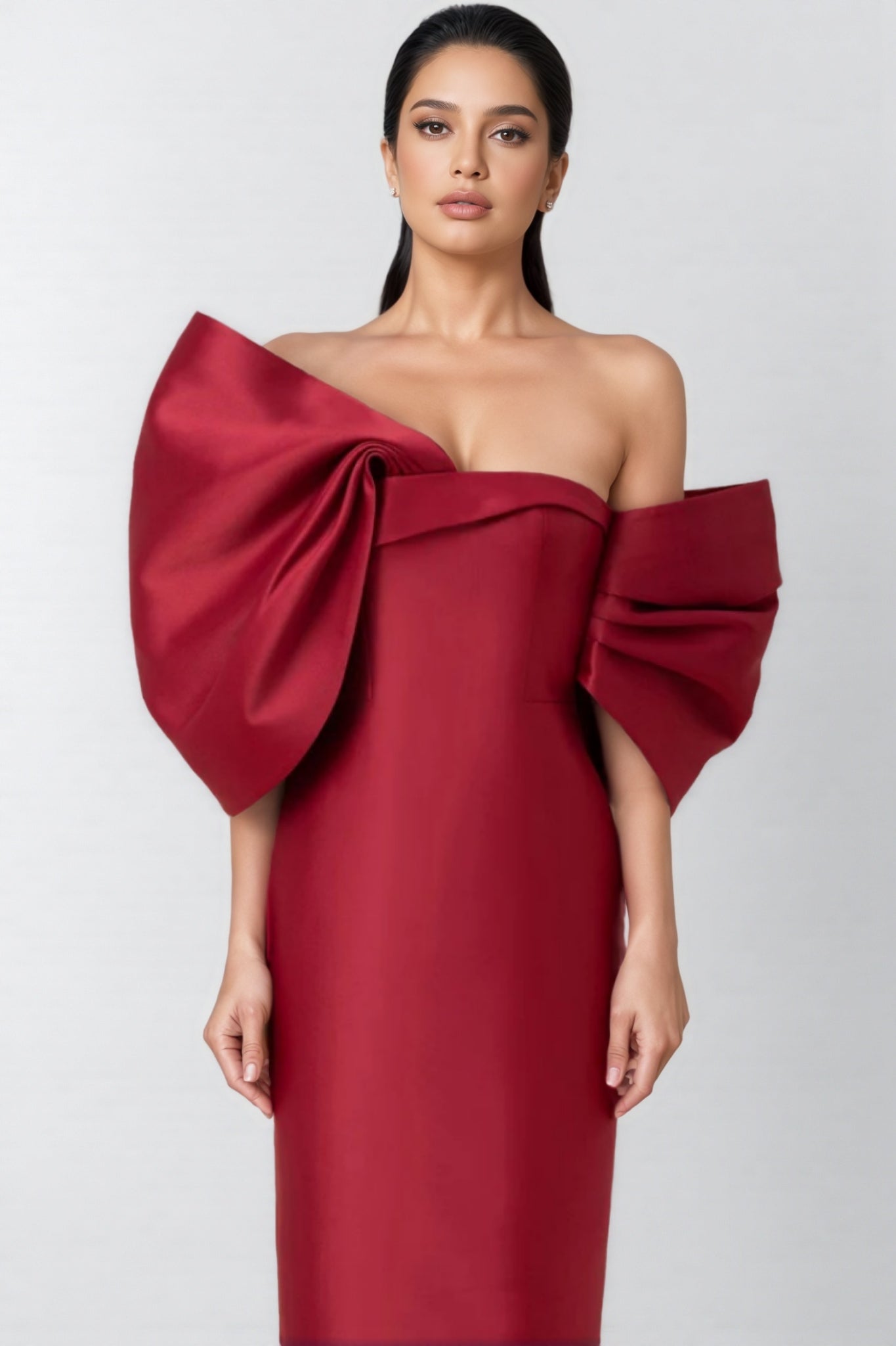Divia Strapless 3D Bow Maxi Dress-Burgundy