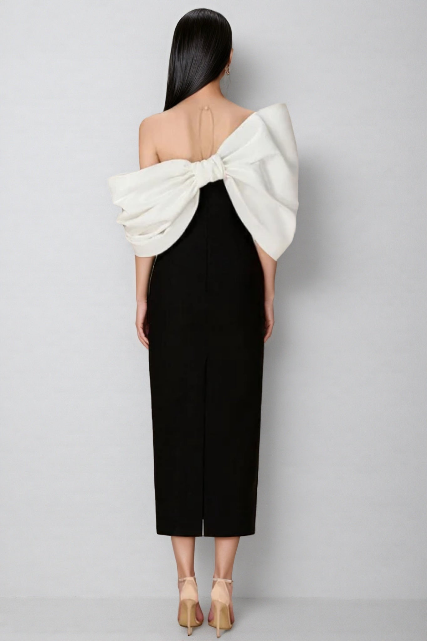 Delilah Bow Off-Shoulder Asymmetrical Midi Dress