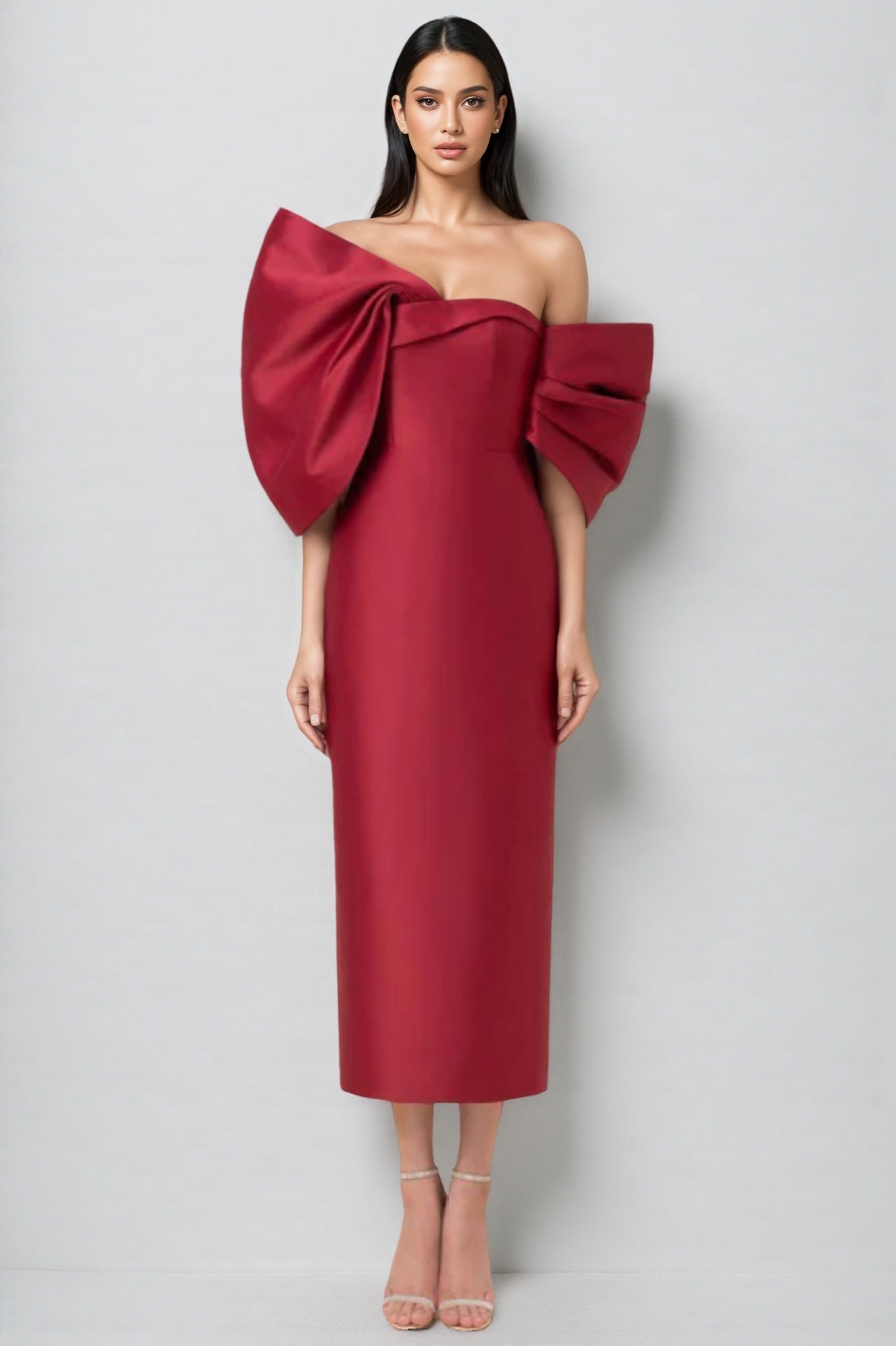 Divia Strapless 3D Bow Maxi Dress-Burgundy