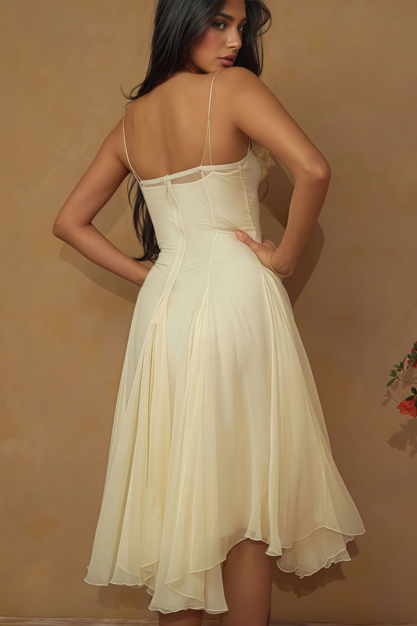 Thadt Yellow Strapless Mesh Midi Dress