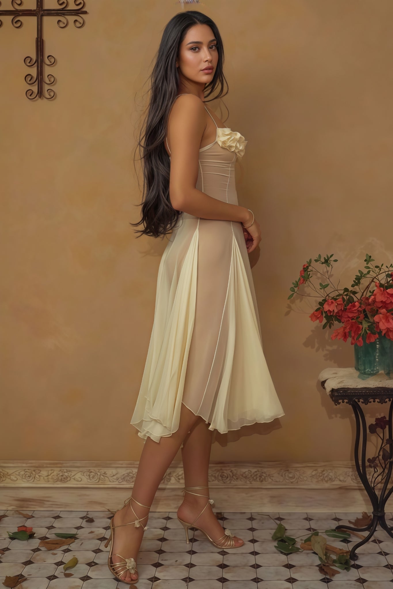 Thadt Yellow Strapless Mesh Midi Dress