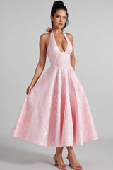 Kivrin Pink Tie Neck Midi Dress