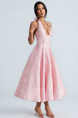 Kivrin Pink Tie Neck Midi Dress