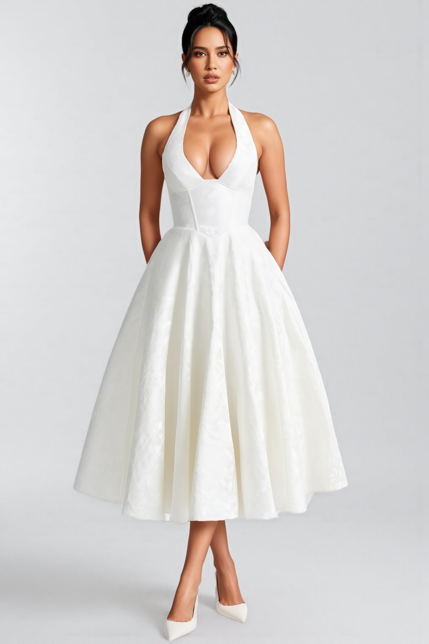 Effiy White Tie-Neck Midi Dress