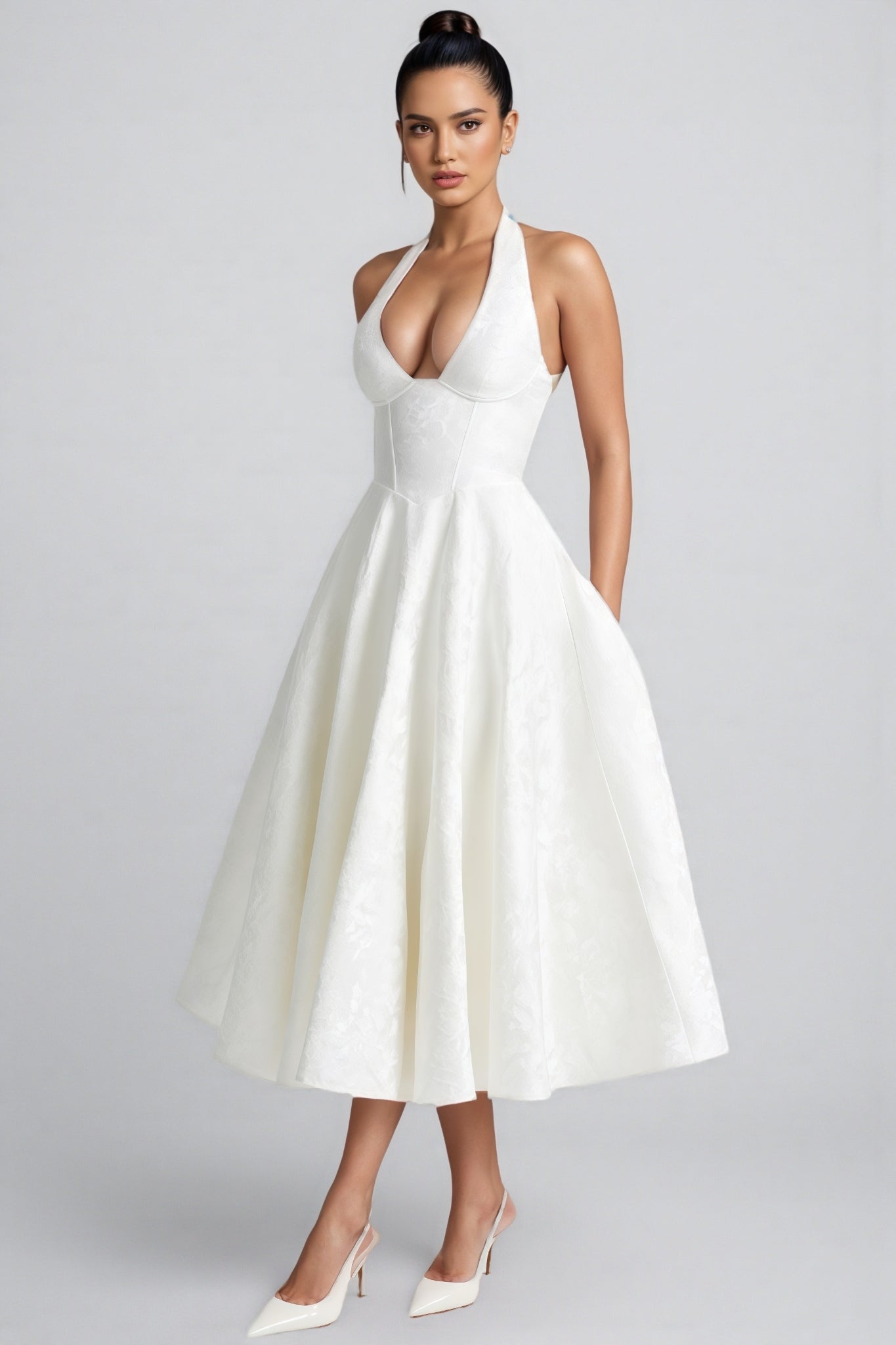 Effiy White Tie-Neck Midi Dress